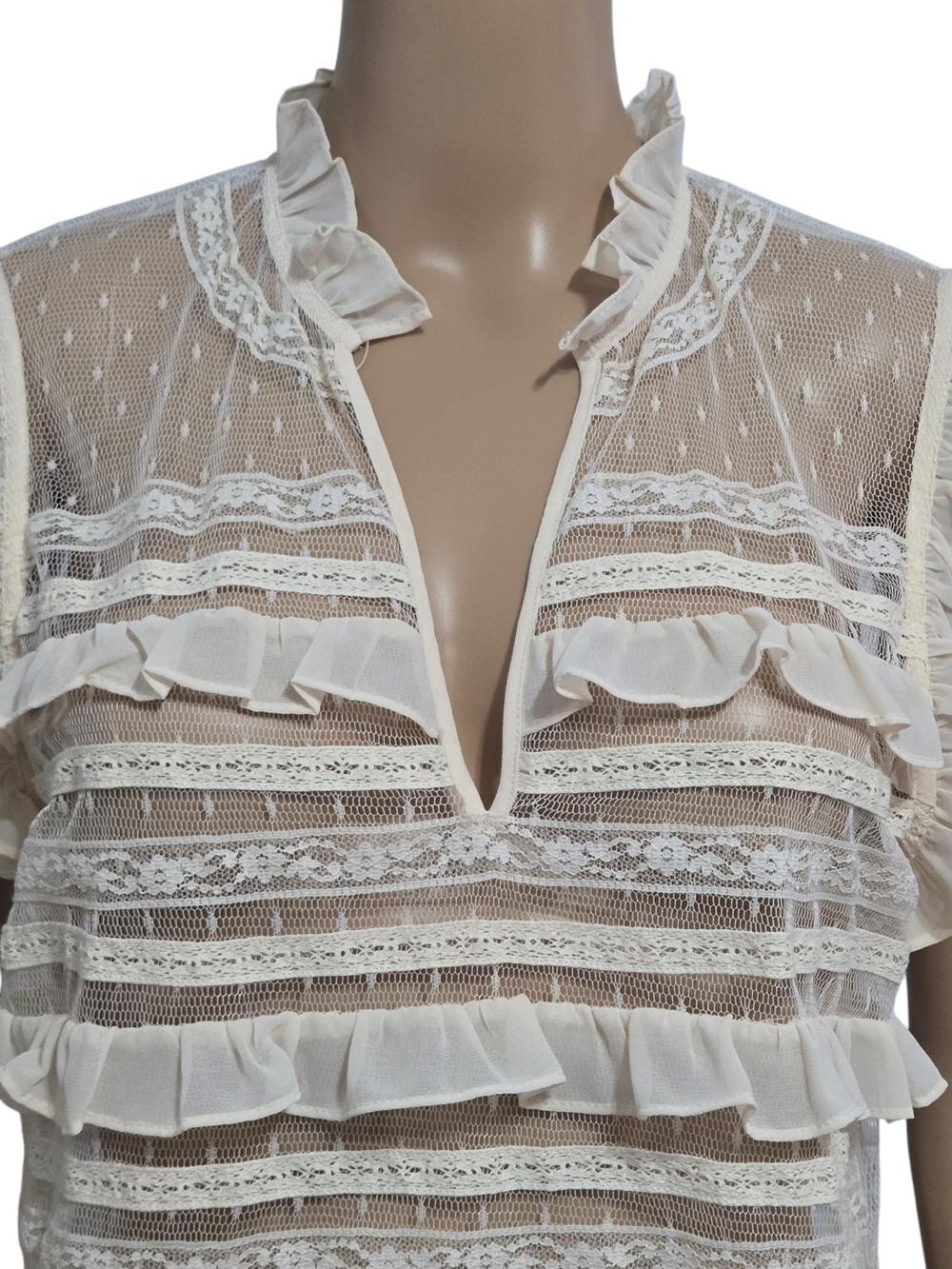 Twinset Milano Cream Lace Ruffle Blouse Sheer Swiss Dot Sleeveless  Top US Small - Picture 5 of 8